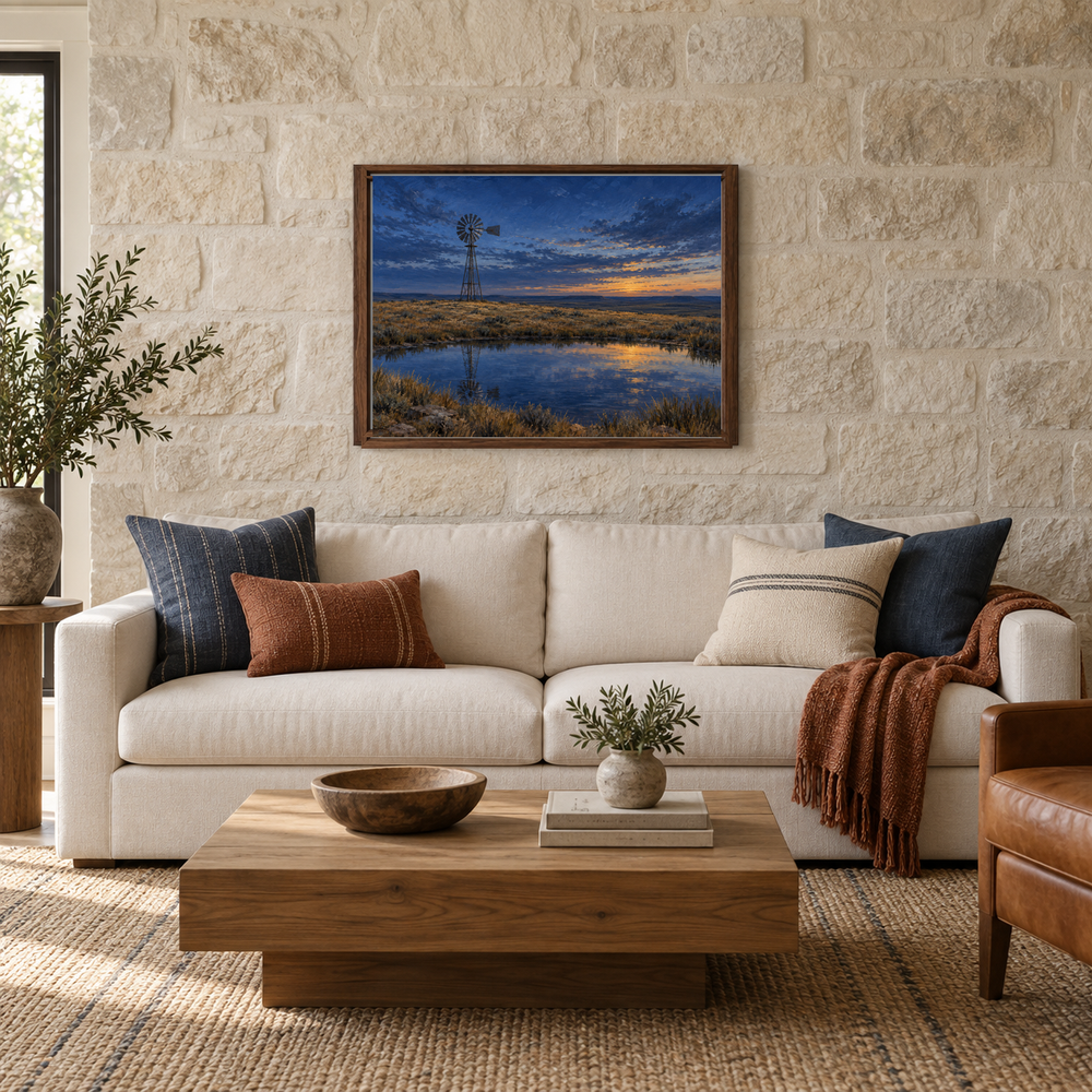 Prairie Windmill at Blue Hour Western landscape displayed above a cream sofa in a contemporary ranch living room
