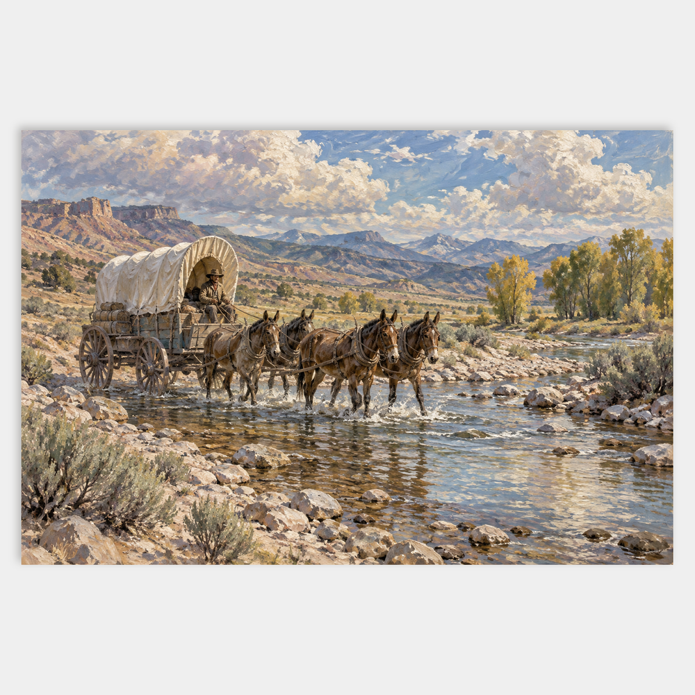 Salt Creek Crossing oil painting of a covered freight wagon crossing a clear rocky creek beneath open desert ridges