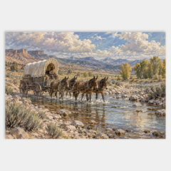 Salt Creek Crossing oil painting of a covered freight wagon crossing a clear rocky creek beneath open desert ridges