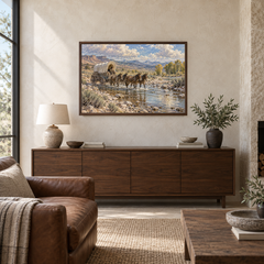 Salt Creek Crossing Western oil painting displayed above a walnut credenza in a quiet ranch living room