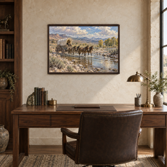Salt Creek Crossing Western oil painting displayed above a walnut desk in a refined ranch office