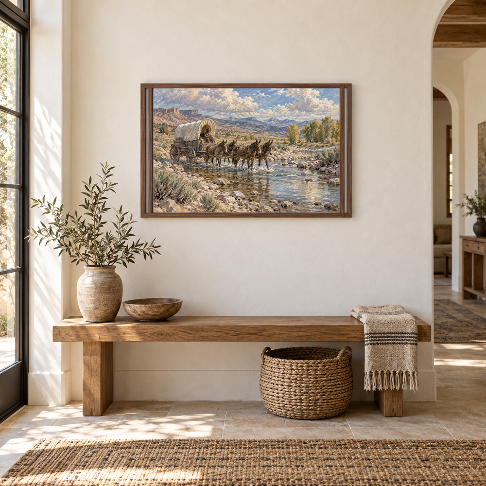 Salt Creek Crossing Western oil painting displayed above an oak entry bench in a bright Southwestern entryway