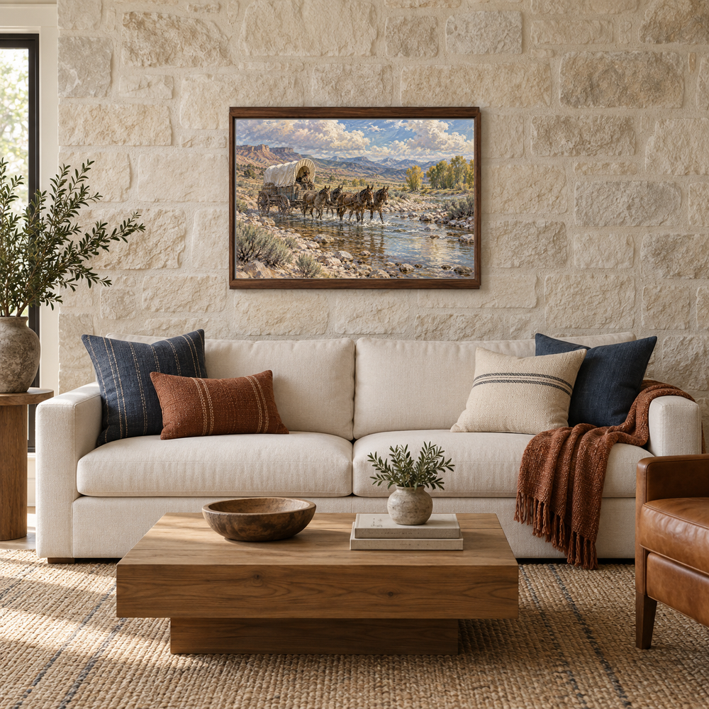 Salt Creek Crossing Western oil painting displayed above a cream sofa in a contemporary ranch living room