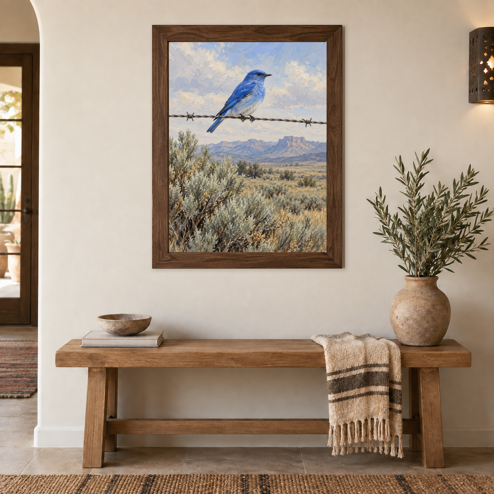 Mountain Bluebird Western oil painting framed on a light entryway wall above an oak bench