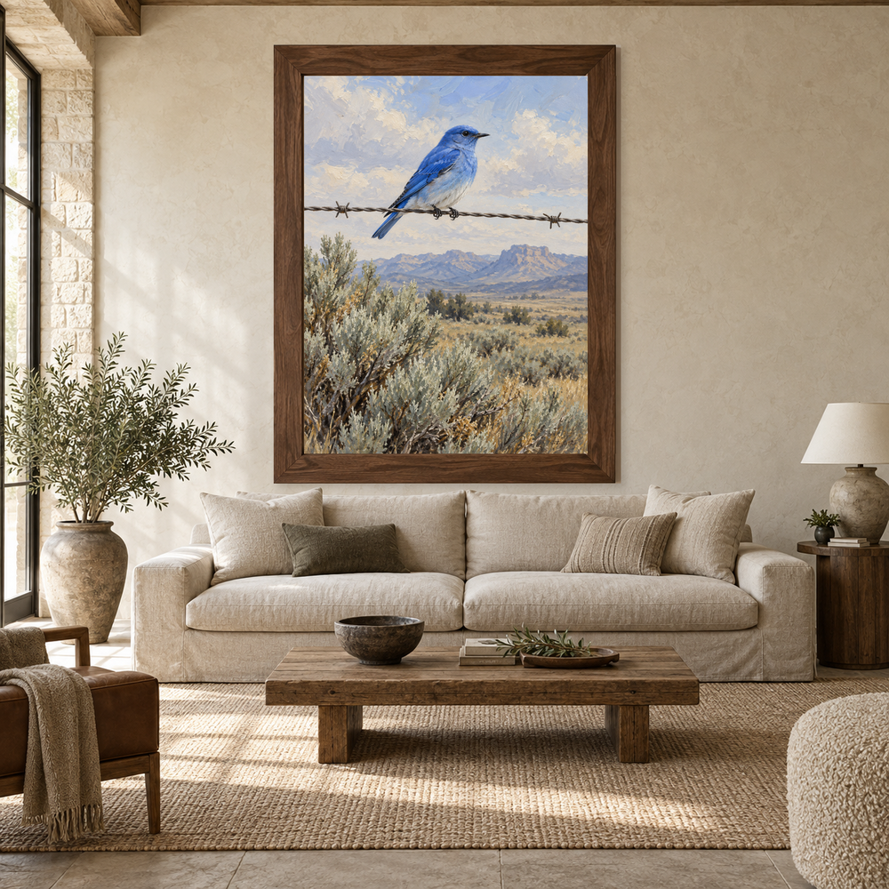 Mountain Bluebird Western oil painting framed above a quiet neutral living-room sofa