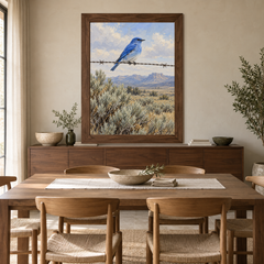 Mountain Bluebird Western oil painting framed above an oak sideboard in a bright dining room