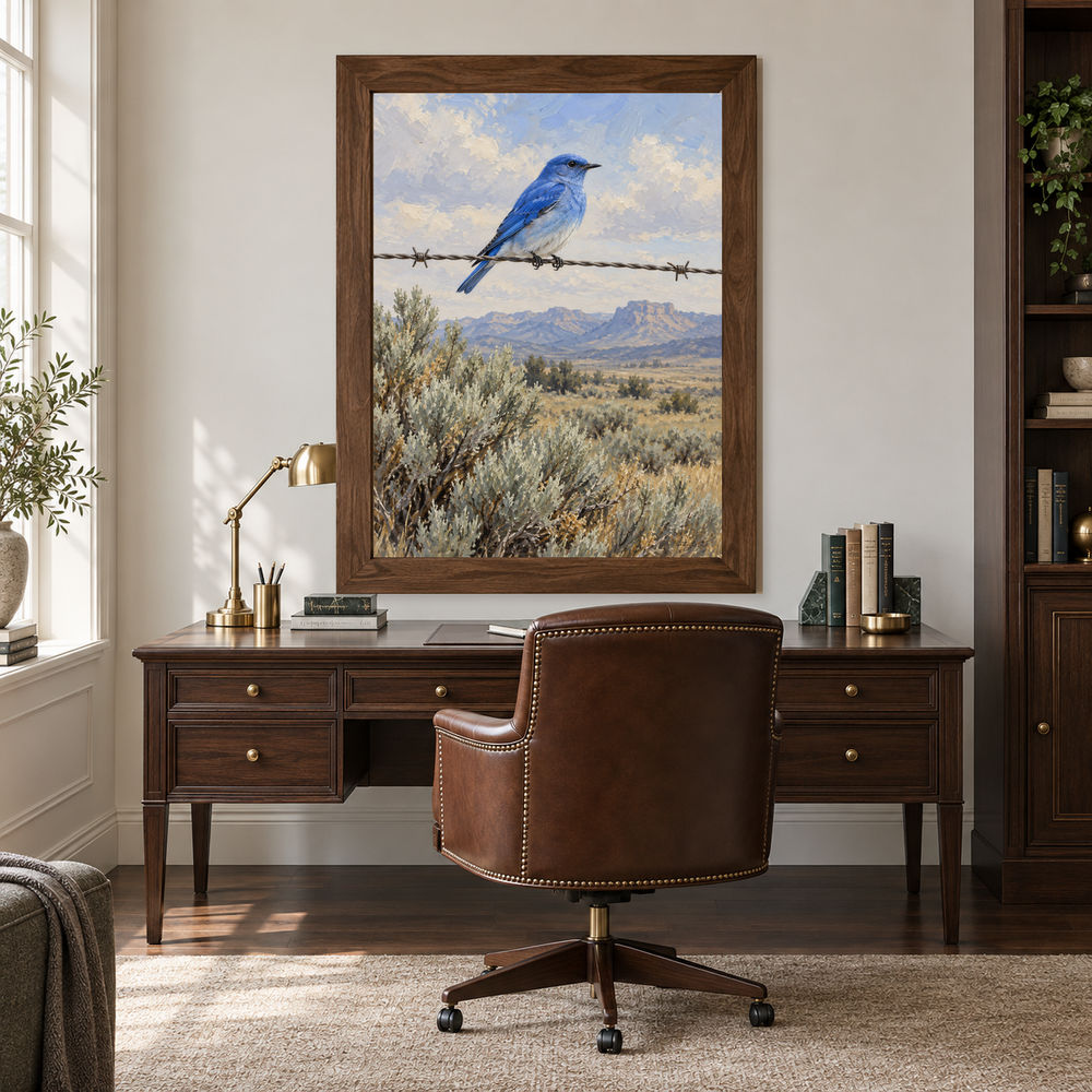 Mountain Bluebird Western oil painting framed above a walnut desk in a refined study