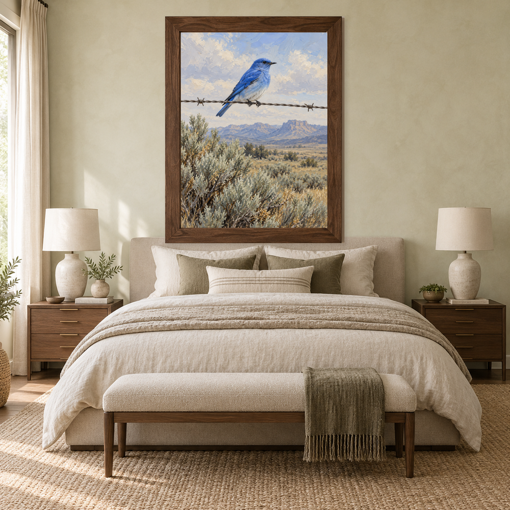 Mountain Bluebird Western oil painting framed centered above the bed in a calm guest bedroom