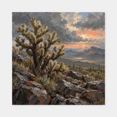 Cholla cactus oil painting beneath clearing desert clouds