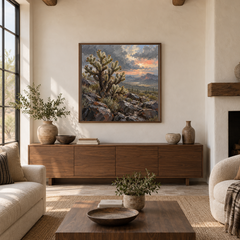 Cholla after Rain Western oil painting framed in a Southwestern living room