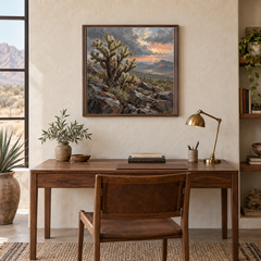 Cholla after Rain Western oil painting framed in a quiet Western study