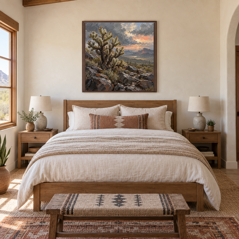 Cholla after Rain Western oil painting framed in a guest bedroom