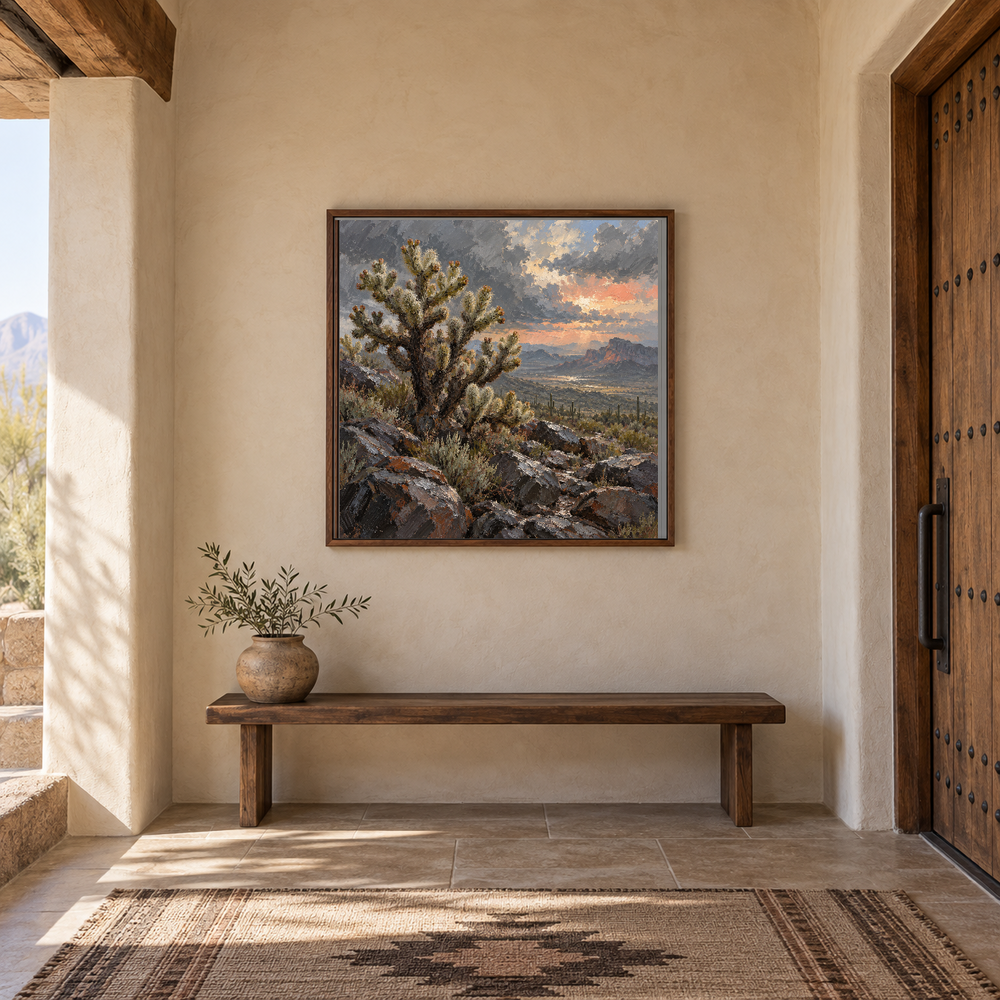 Cholla after Rain Western oil painting framed in a Southwestern entry hall