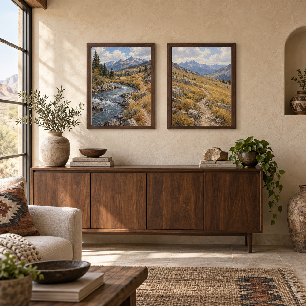 The Long Switchback Western diptych displayed in a Southwestern living room