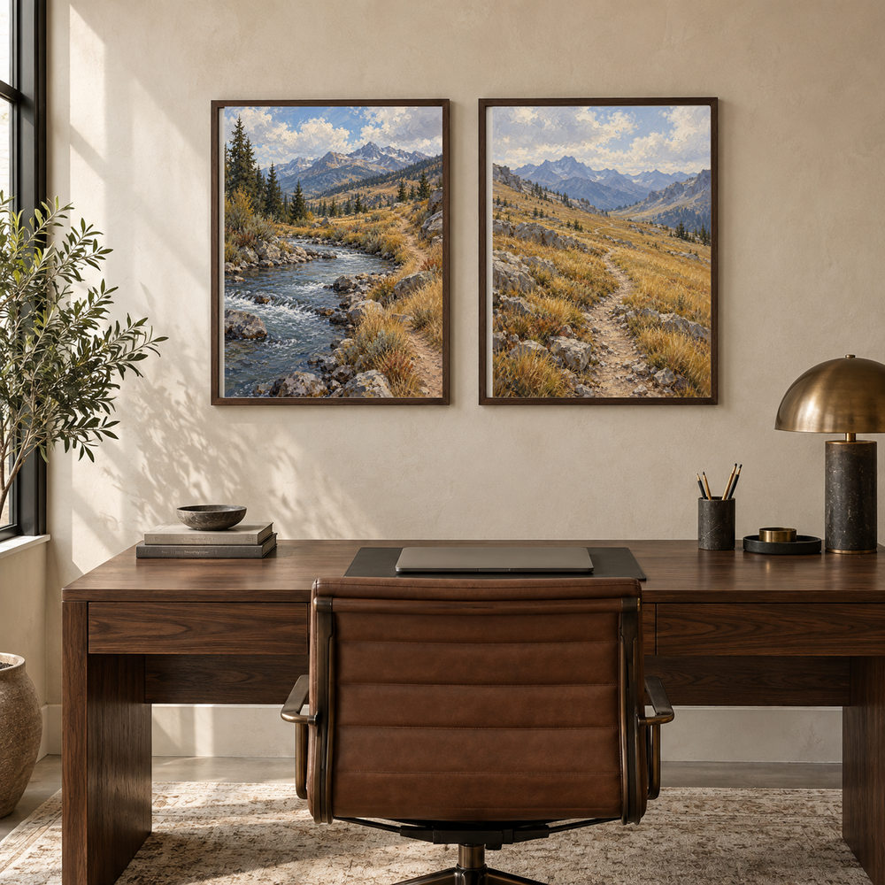 The Long Switchback Western diptych displayed in a home office