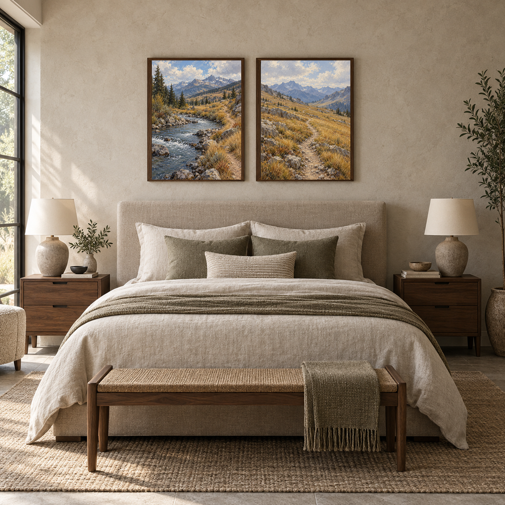 The Long Switchback Western diptych displayed in a bedroom