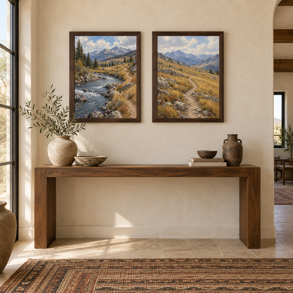 The Long Switchback Western diptych displayed in a entryway
