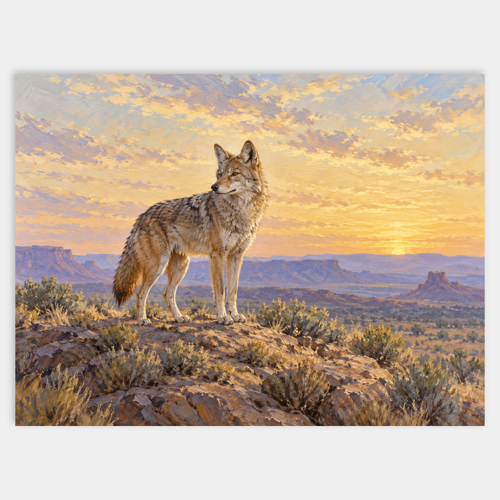 Coyote at First Light original Western oil painting of a coyote standing on a desert ridge at dawn