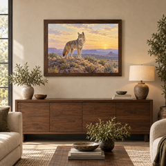 Coyote at First Light Western oil painting in a living room above a walnut credenza