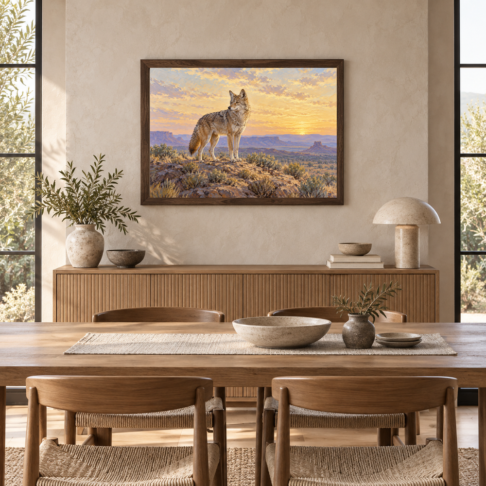 Coyote at First Light Western oil painting in a western dining room