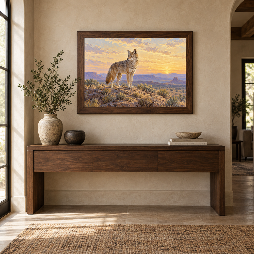 Coyote at First Light Western oil painting in a dining area above a sideboard