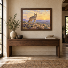 Coyote at First Light Western oil painting in a dining area above a sideboard