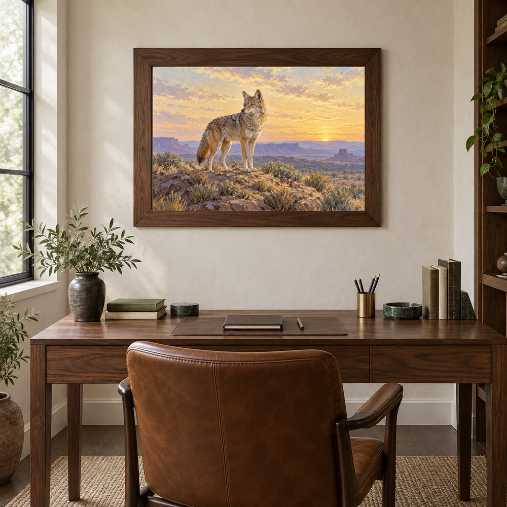 Coyote at First Light Western oil painting in a walnut study