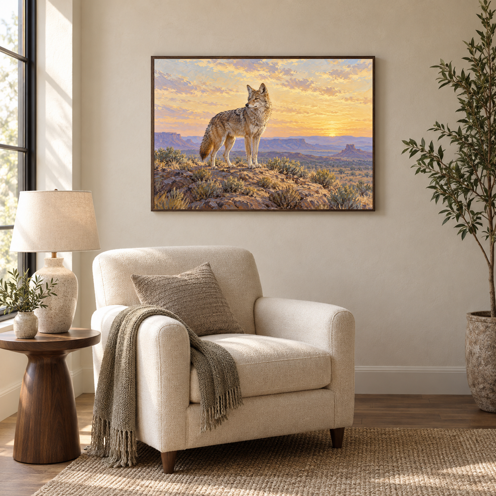 Coyote at First Light Western oil painting in a bright reading nook