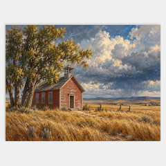 Prairie Schoolhouse original Western oil painting of a red timber schoolhouse beneath cottonwoods and a broad storm-blue sky
