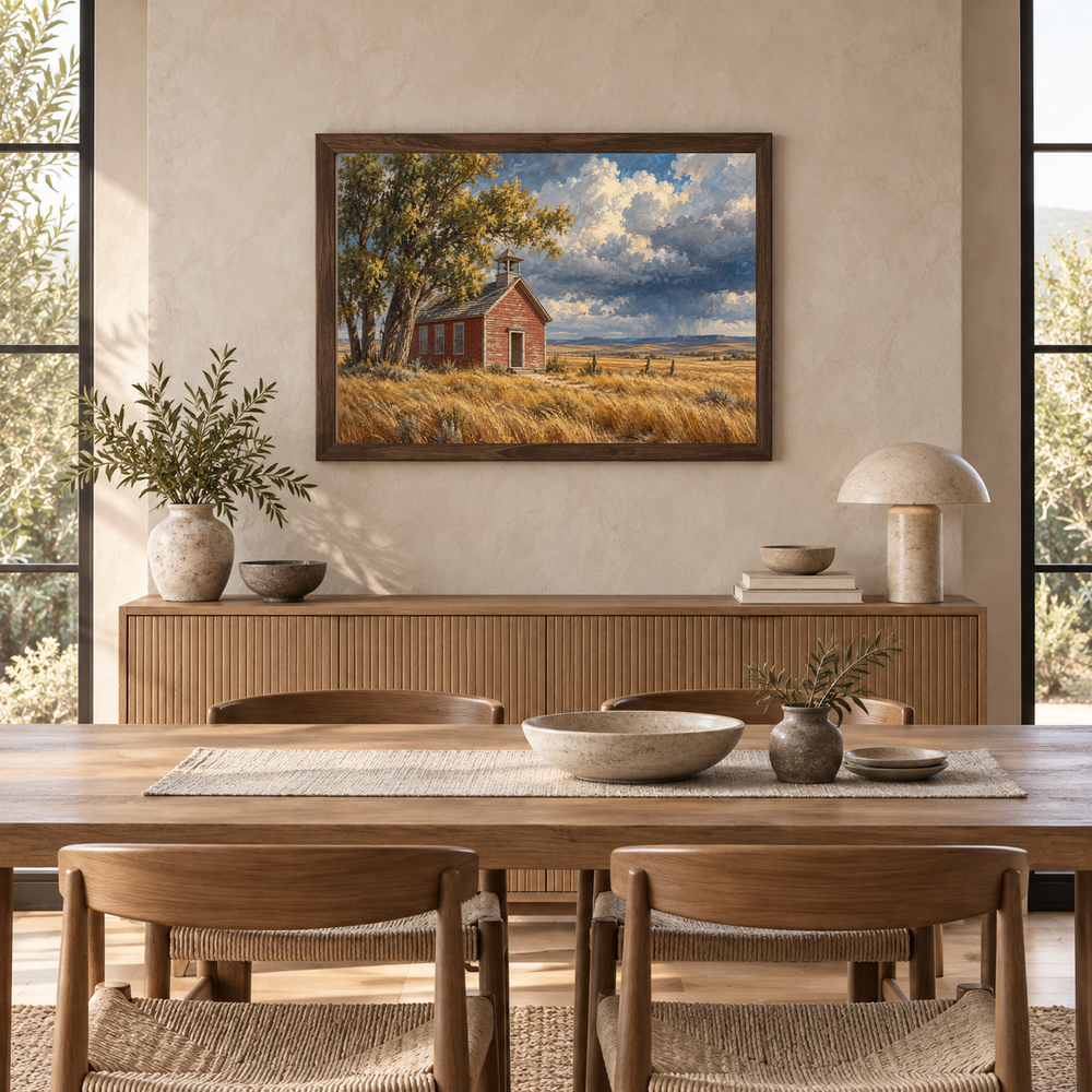 Prairie Schoolhouse Western oil painting displayed in a western dining room above a sideboard