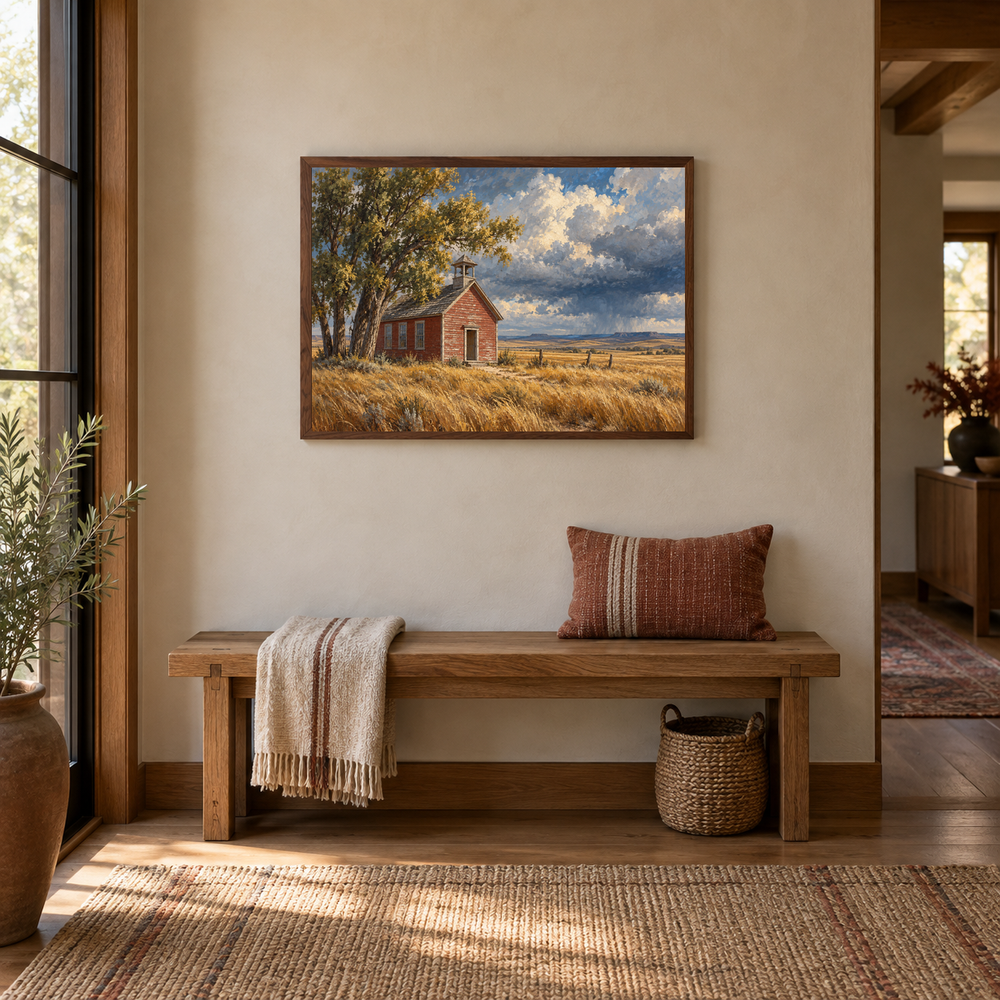 Prairie Schoolhouse Western oil painting displayed in a prairie-inspired entryway above an oak bench