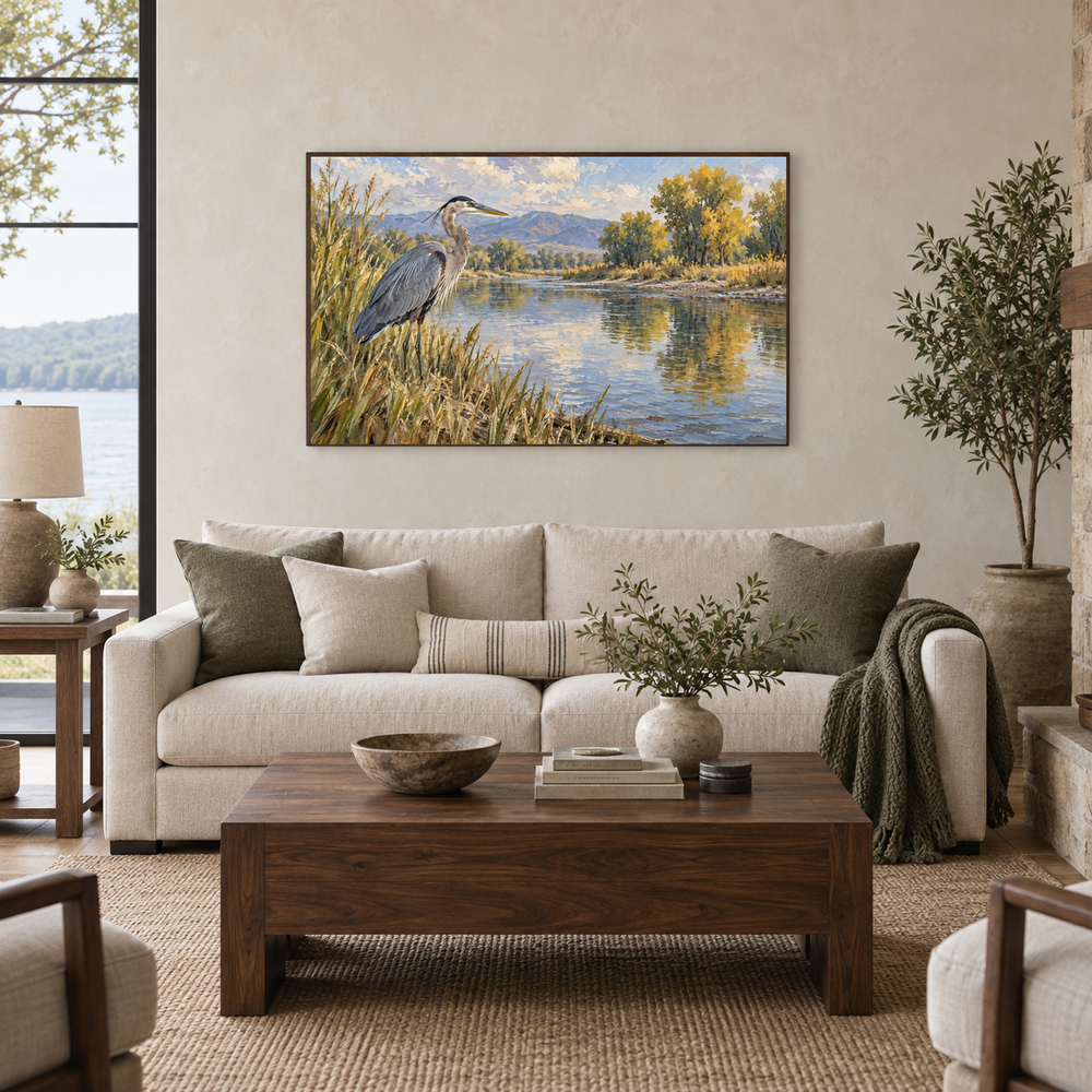 The River’s Edge Western oil painting displayed in a calm lakeside living room above a linen sofa