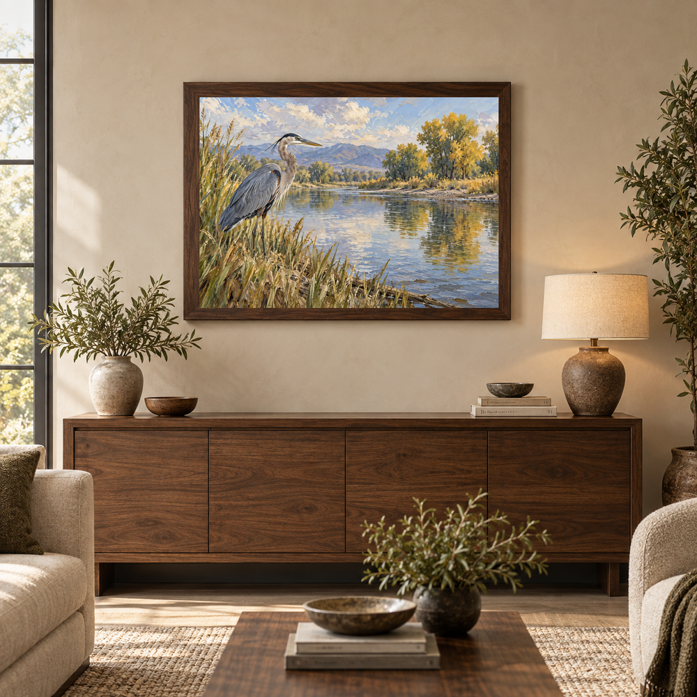 The River’s Edge Western oil painting displayed in a warm walnut living room above a credenza