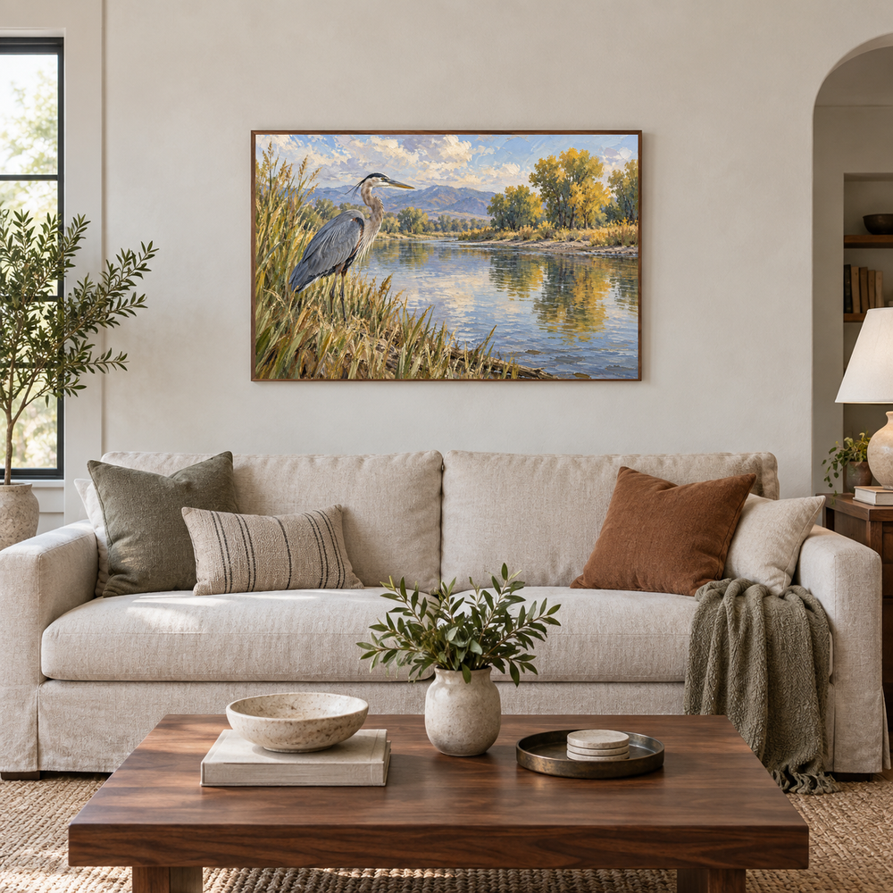 The River’s Edge Western oil painting displayed in a soft neutral living room with an oak coffee table