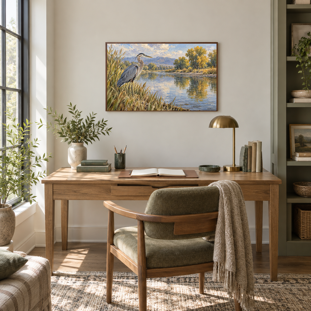 The River’s Edge Western oil painting displayed in a bright home office with oak desk and green accents