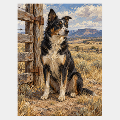 Ranch Dog on Watch original oil painting of a loyal cattle dog beside a Western ranch gate
