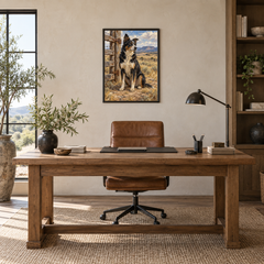 Ranch Dog on Watch Western oil painting displayed above a desk in a warm home office