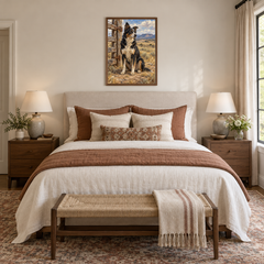 Ranch Dog on Watch Western oil painting framed above a bed in a neutral guest bedroom