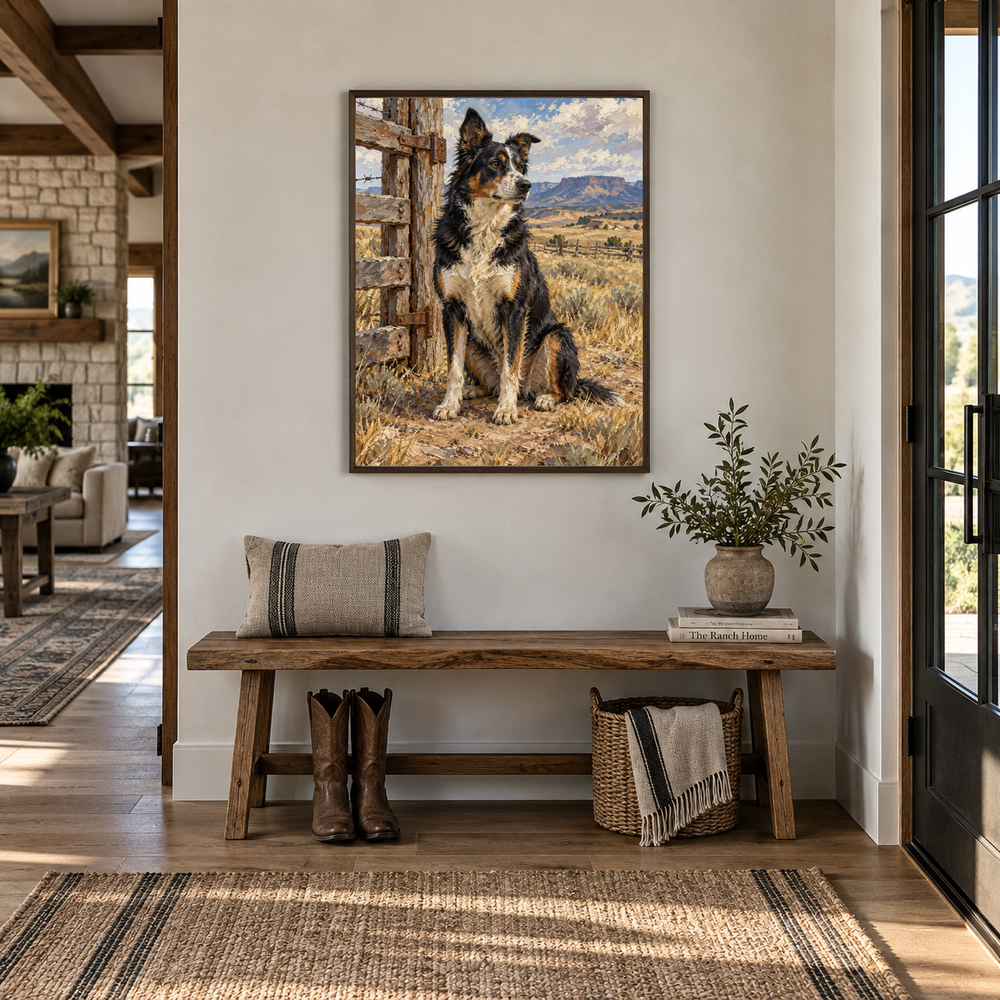 Ranch Dog on Watch Western oil painting in a refined ranch entry hall