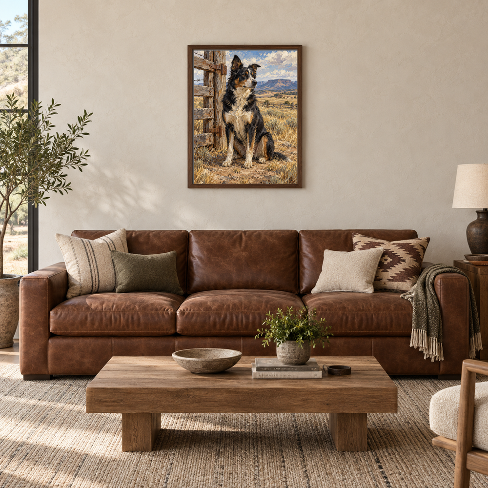 Ranch Dog on Watch framed oil painting above a leather sofa in a Western living room