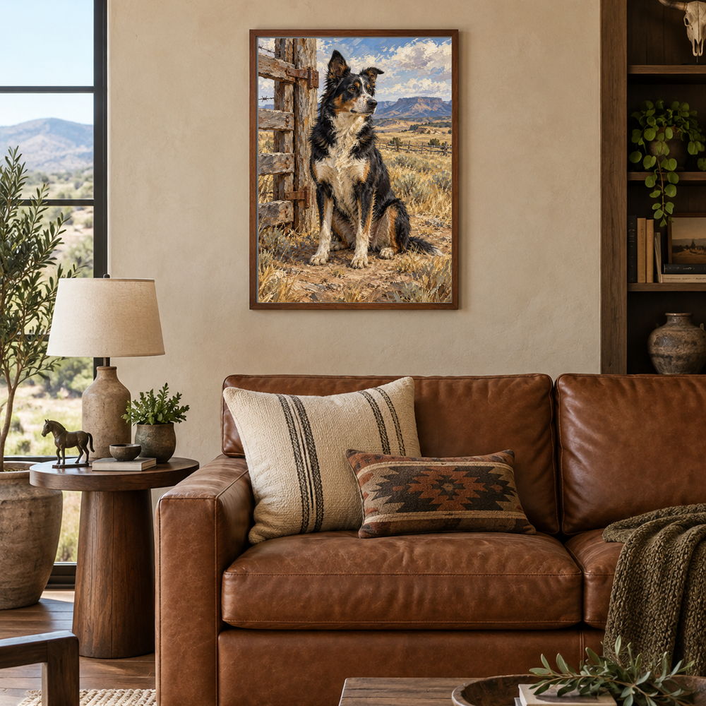 Ranch Dog on Watch vertical oil painting in a warm family den