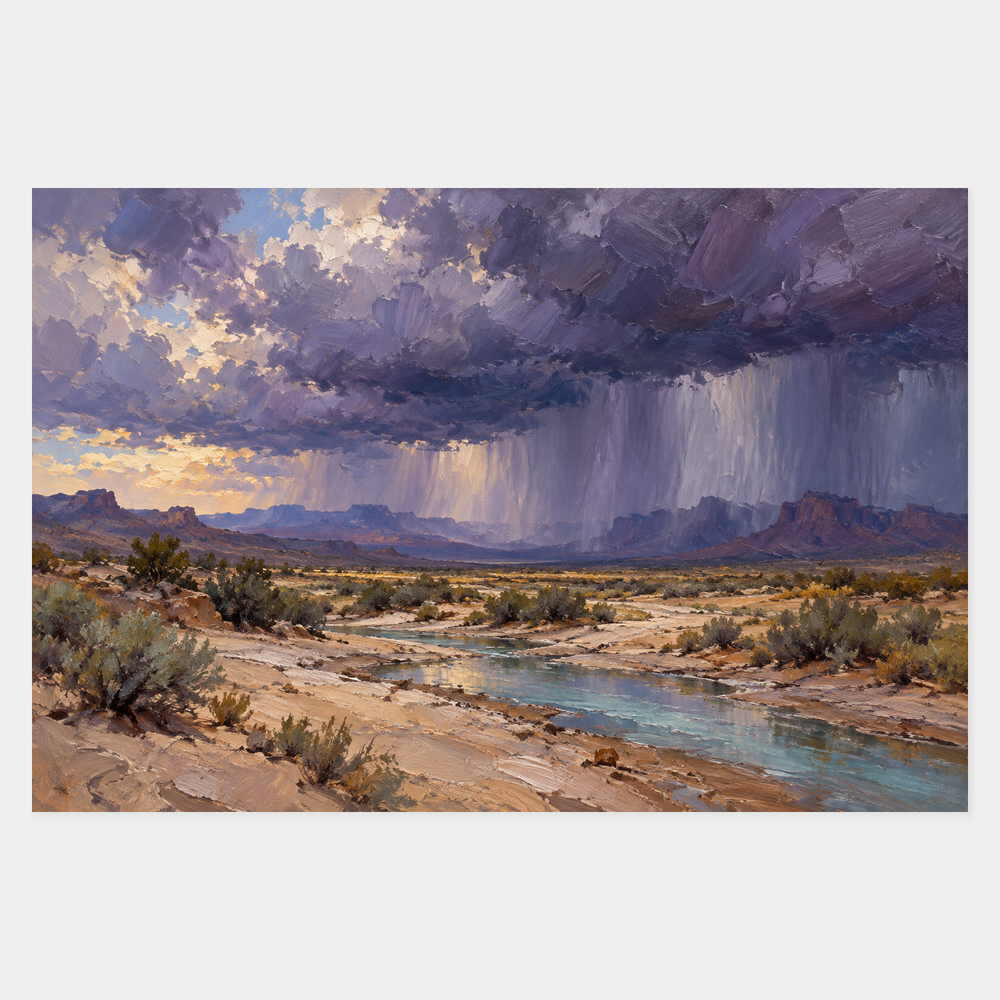 Thunderhead Over the Wash original Southwest desert storm oil painting, horizontal landscape on a neutral background