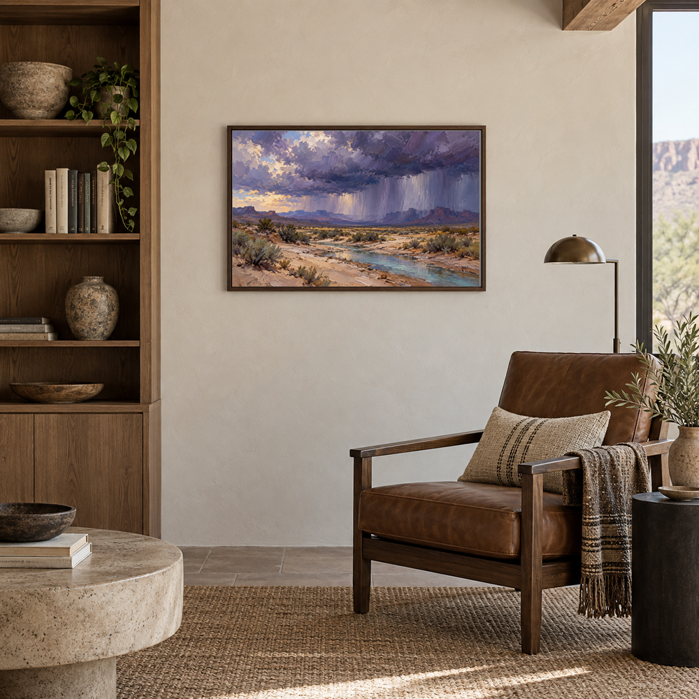 Thunderhead Over the Wash Western oil painting displayed in a framed interior scene 1