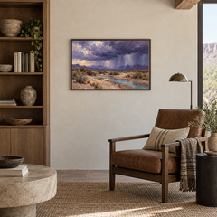 Thunderhead Over the Wash Western oil painting displayed in a framed interior scene 1