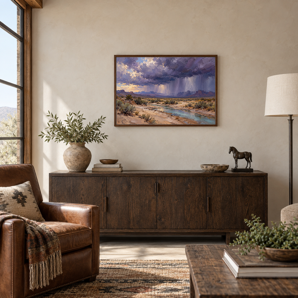 Thunderhead Over the Wash Western oil painting displayed in a framed interior scene 2