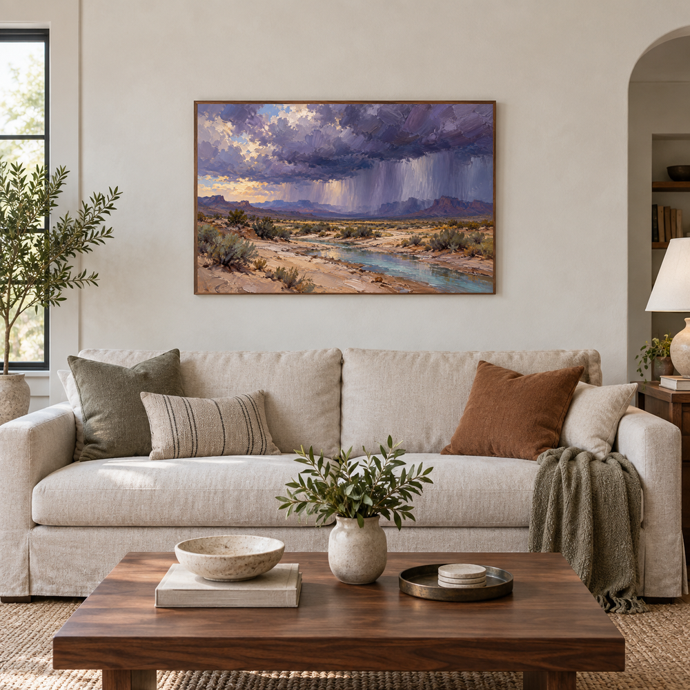 Thunderhead Over the Wash Western oil painting displayed in a framed interior scene 4
