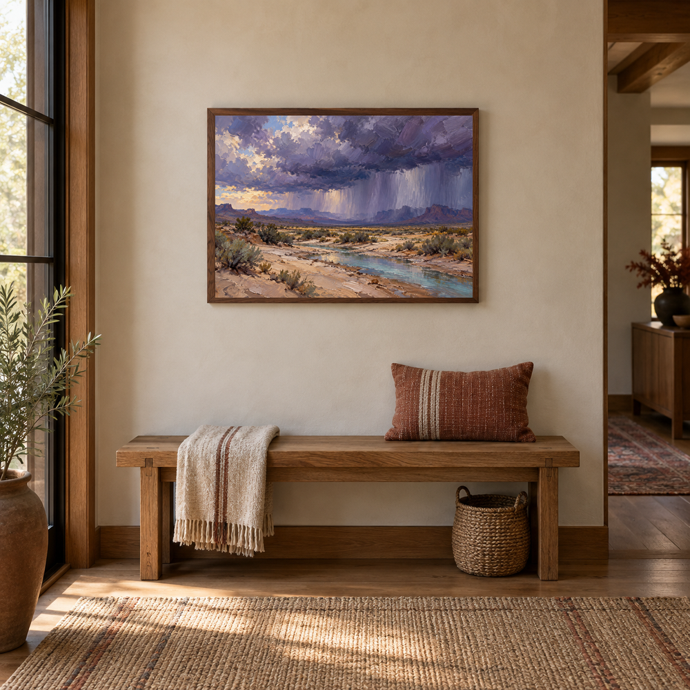 Thunderhead Over the Wash Western oil painting displayed in a framed interior scene 5
