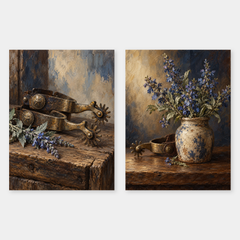 Spurs and Blue Sage original Western oil painting set of 2 on a neutral background