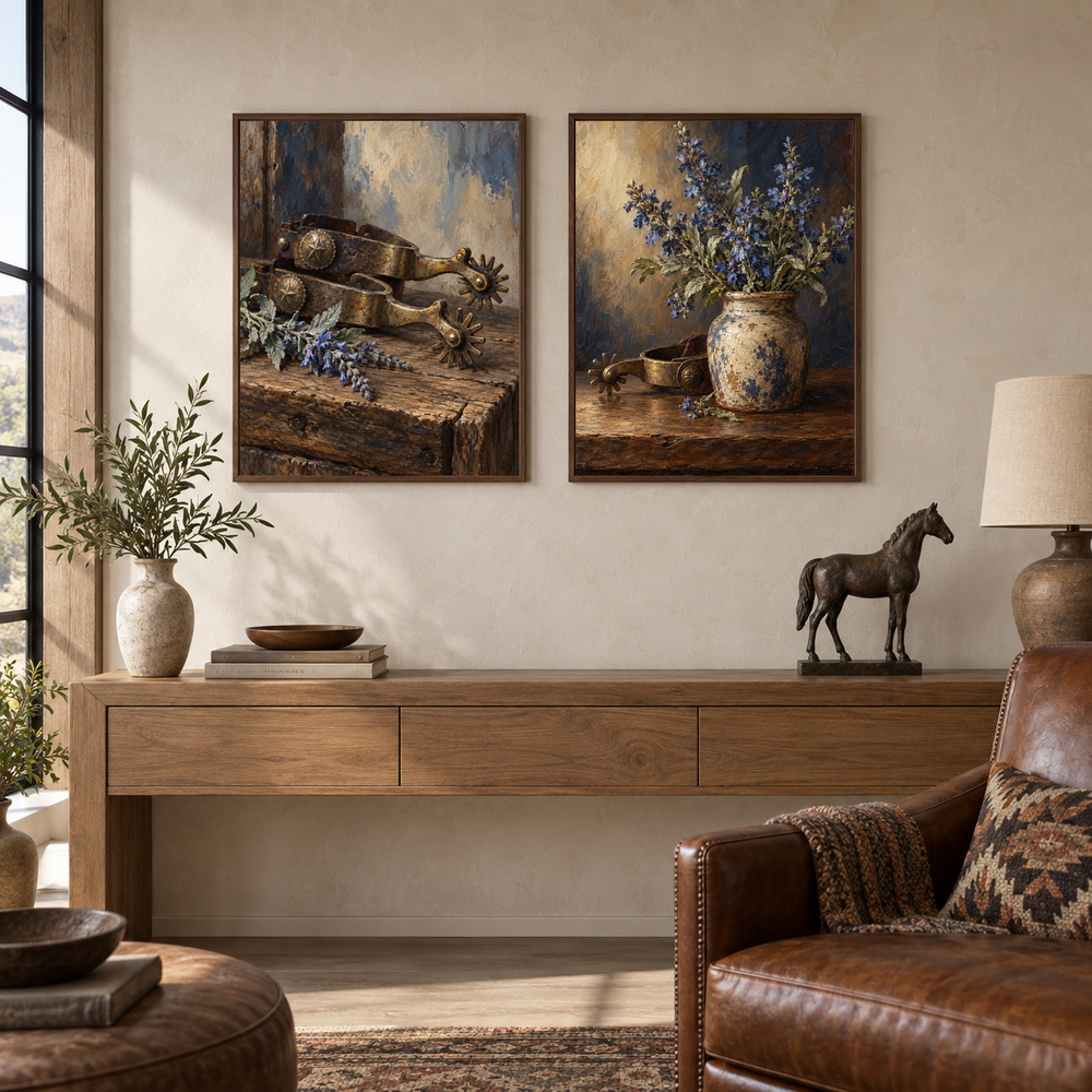 Spurs and Blue Sage Western oil painting set of 2 displayed in a ranch living room