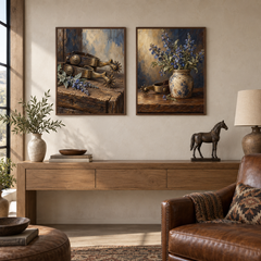 Spurs and Blue Sage Western oil painting set of 2 displayed in a ranch living room